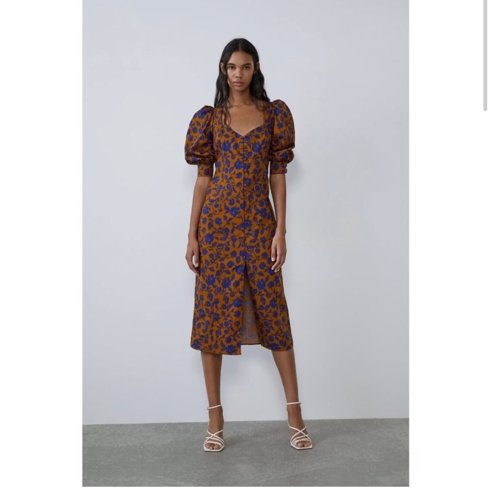ZARA Cotton Poplin Puff Sleeve Midi Dress, Size XS